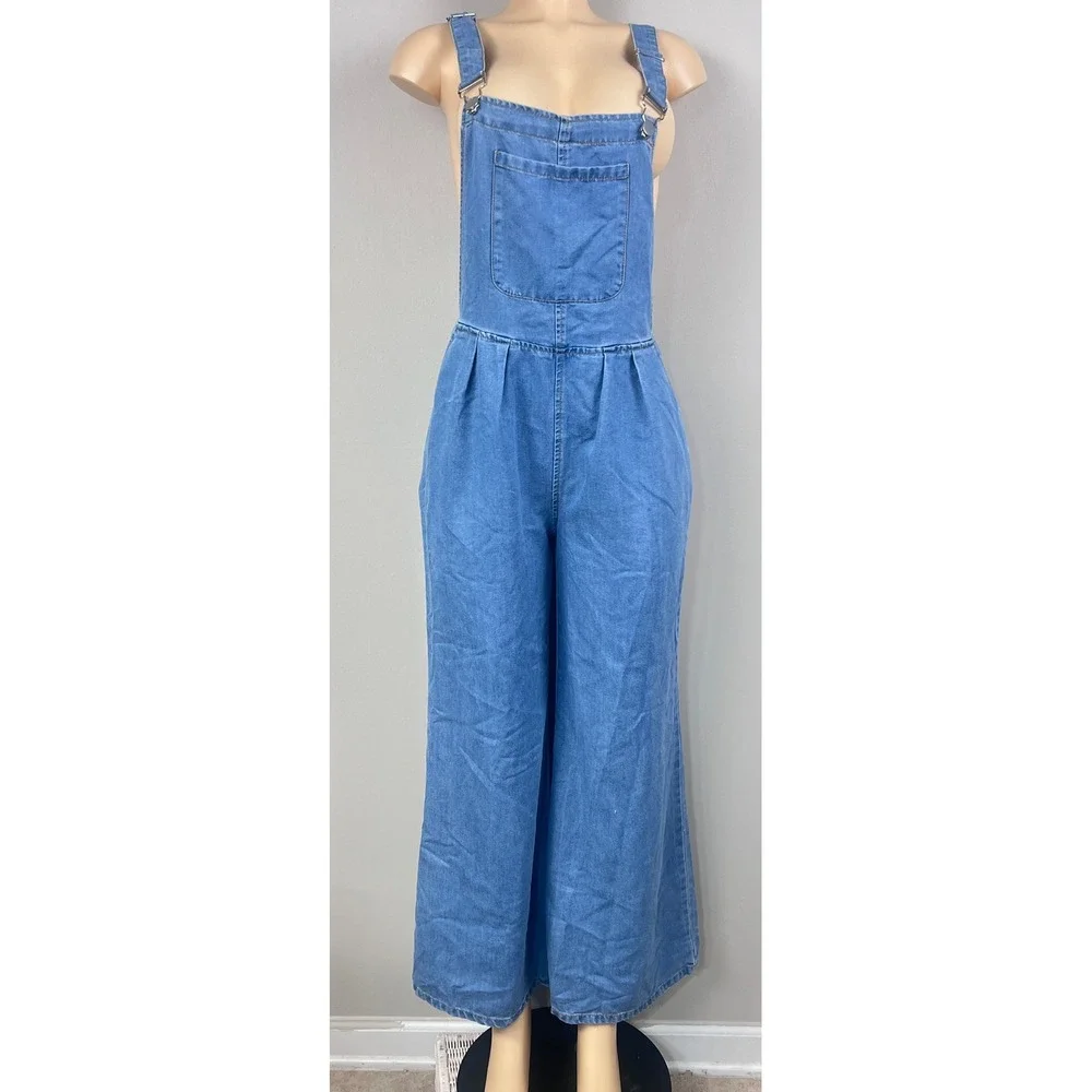 Denim Bib Overalls Women Medium Wide Leg Pleated‎ Blue Wash 90s Retro Boho READ
